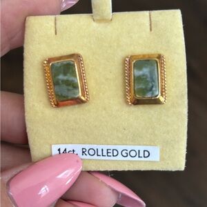Elegant Rolled Gold Green Stone Earrings